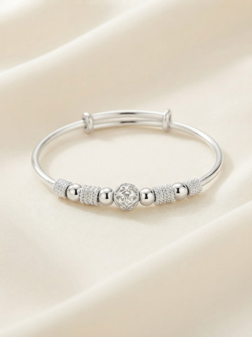 Silver Tone Beaded Slider Bangle Bracelet Adjustable